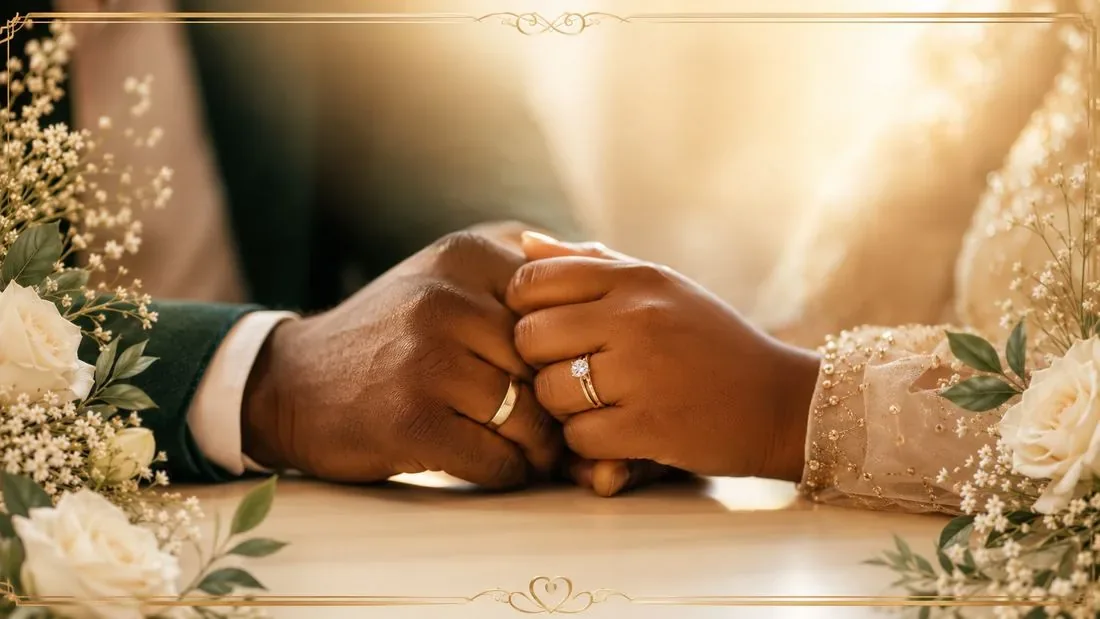 Close-up of a couple holding hands with wedding rings