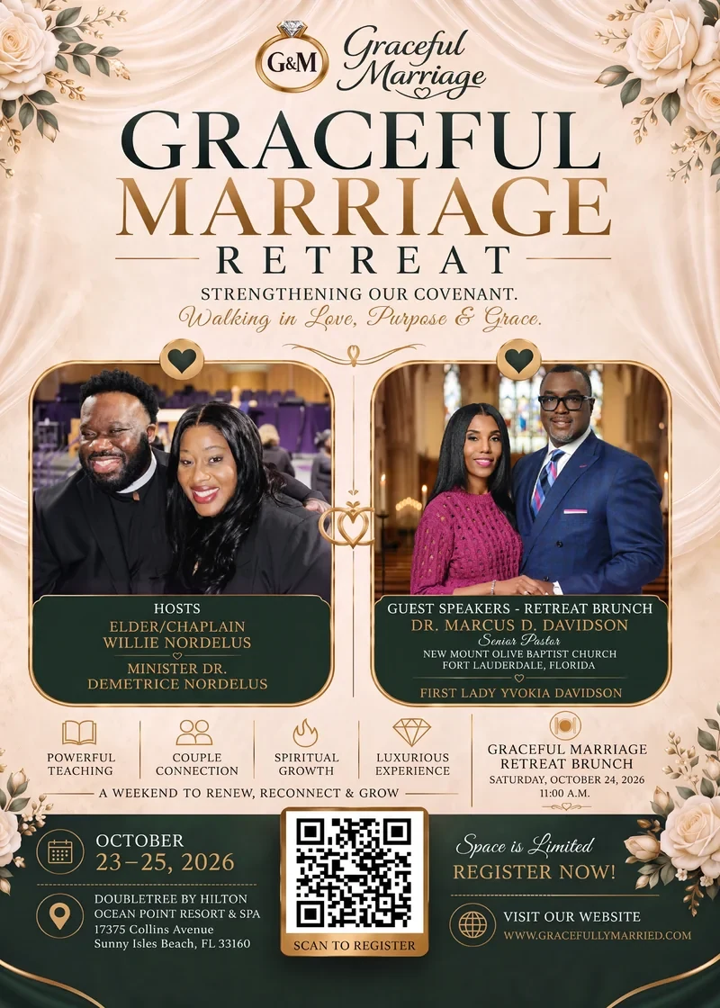 Official Graceful Marriage Retreat flyer — October 23–25, 2026, DoubleTree by Hilton Ocean Point Resort & Spa, Sunny Isles Beach, Florida, hosted by Elder/Chaplain Willie Nordelus and Minister Dr. Demetrice Nordelus
