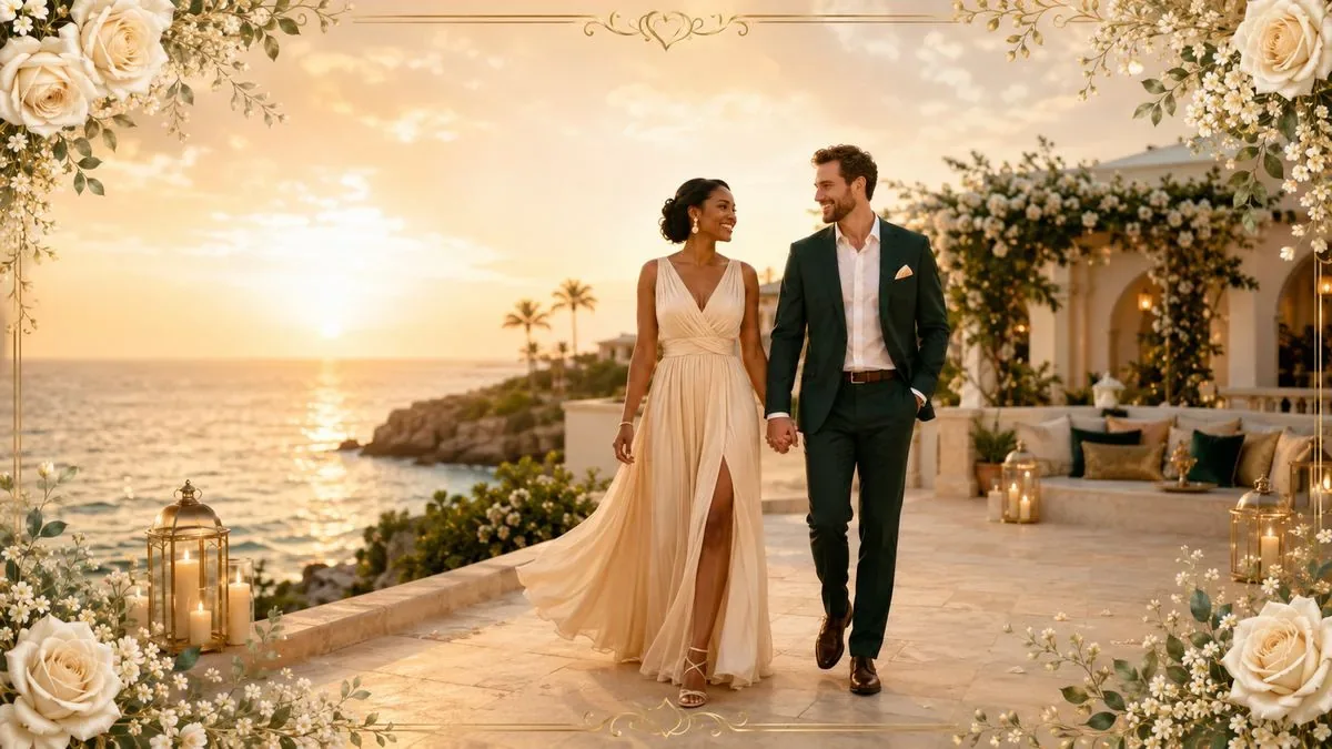Couple walking together by the ocean at a romantic retreat